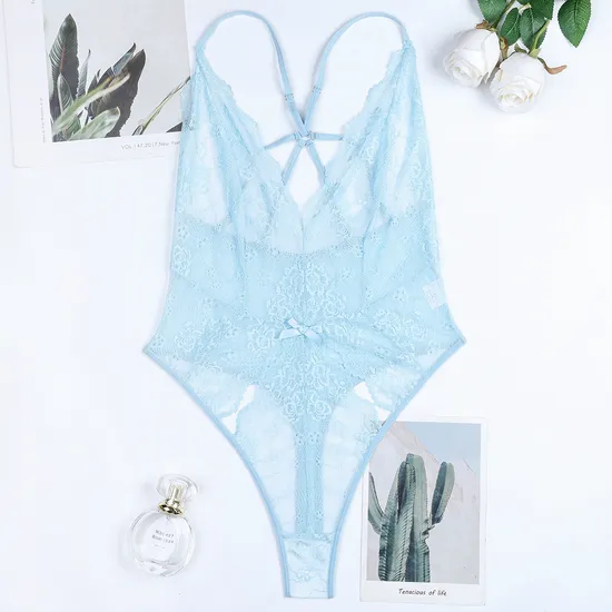 Wholesale V-Neck Hanging Neck One Piece Underwear Set Sexy Thin Embroidered Lace Lingerie