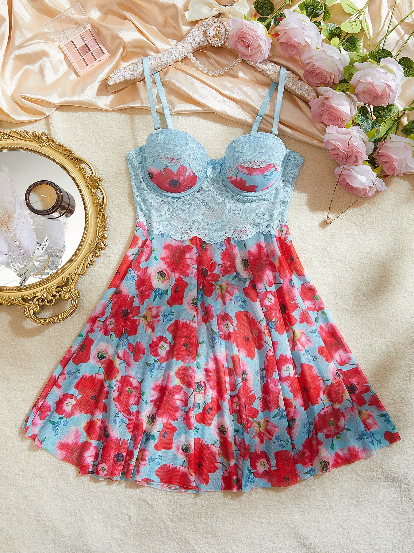 Wholesale Floral Print Long Dress Underwear Set Sexy Ultral-Thin Women Lingerie