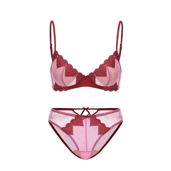 New French Mesh Embroidered Ultra-Thin Gathering Bra Set High Split Halte Underwear Sexy Lingerie