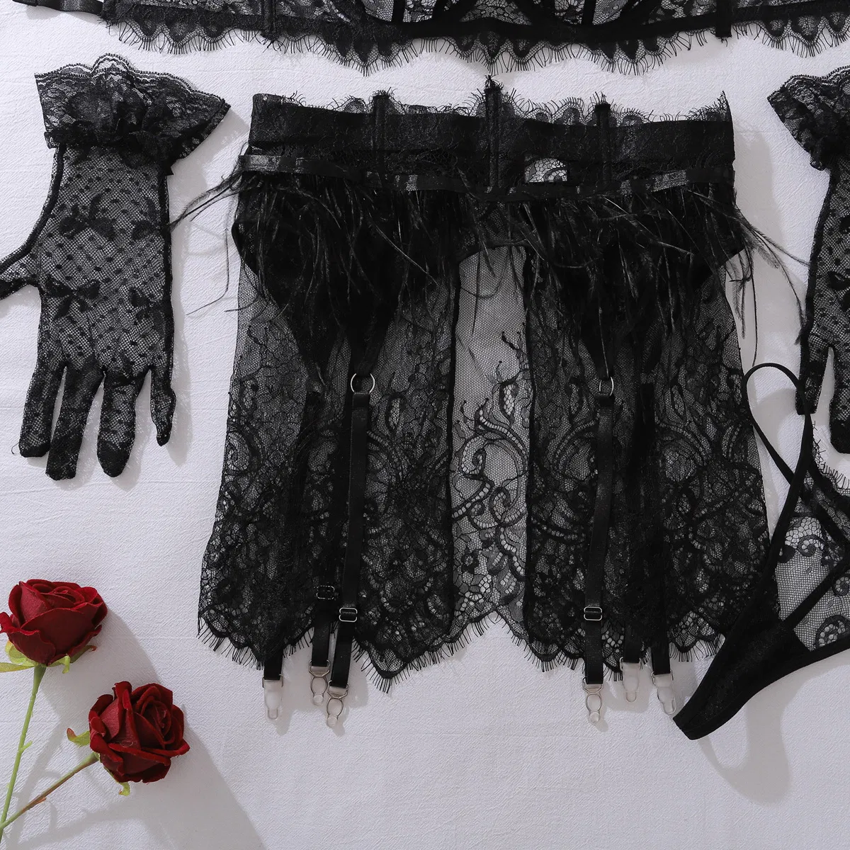 Wholesale See-Through Mesh Women Underwear Set Sexy Feather Embroidery Lace Lingerie