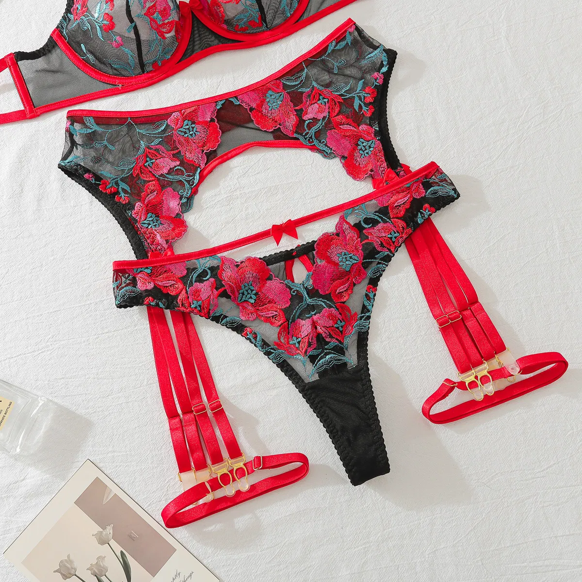 Sexy Contrasting Floral Embroidery Bra and Panty Set Wholesale See Through Woman Lingerie