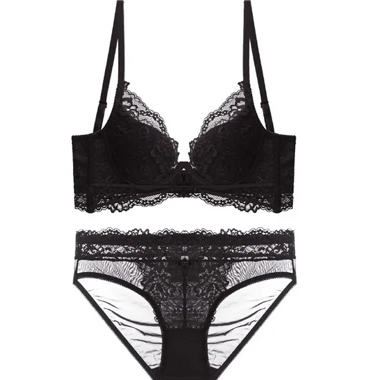 2025 New French Wholesale Embroidery Lace Trim Sexy Breathable Bra Ultra-Thin Halter Neck Set Underwear Lingerie
