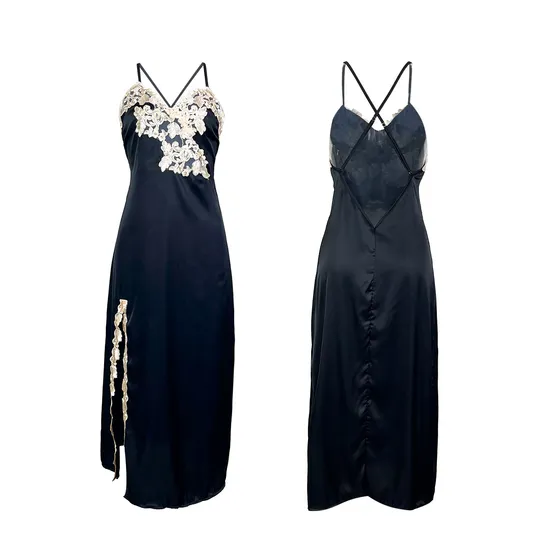 Sexy V-Neck Lace Long Dress Suspender Nightwear for Woman Hot Selling Satin Woman Sleepwear