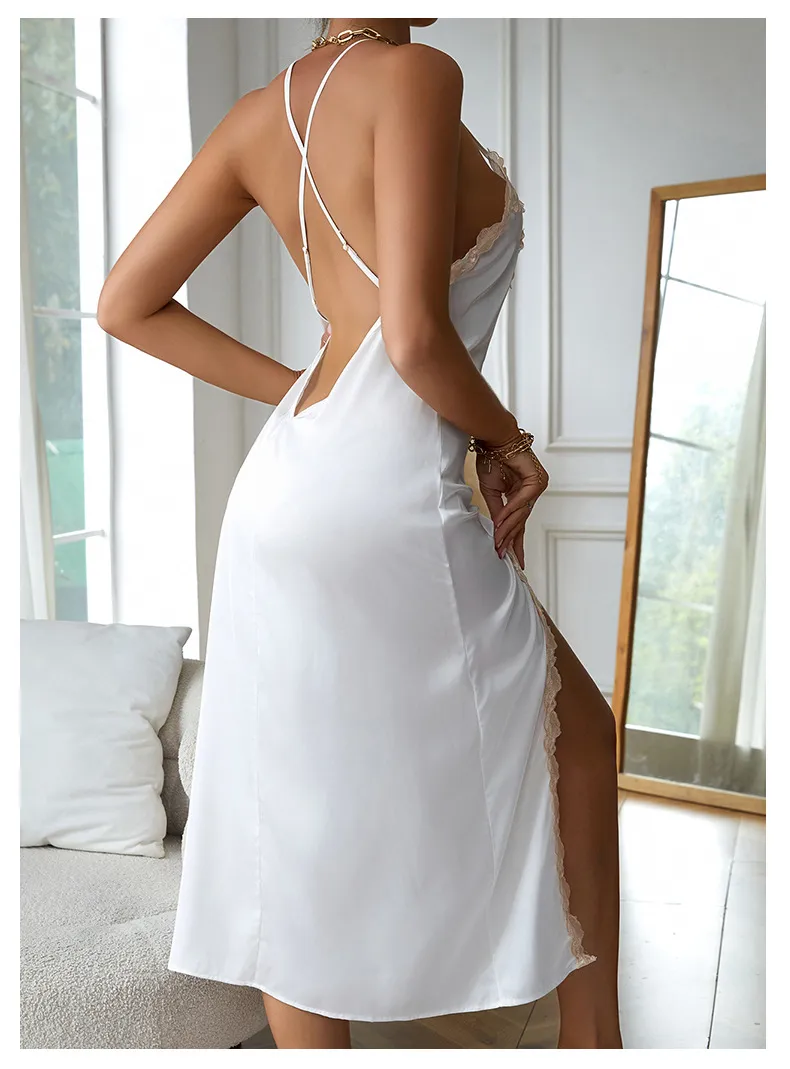 Sexy V-Neck Lace Long Dress Suspender Nightwear for Woman Hot Selling Satin Woman Sleepwear
