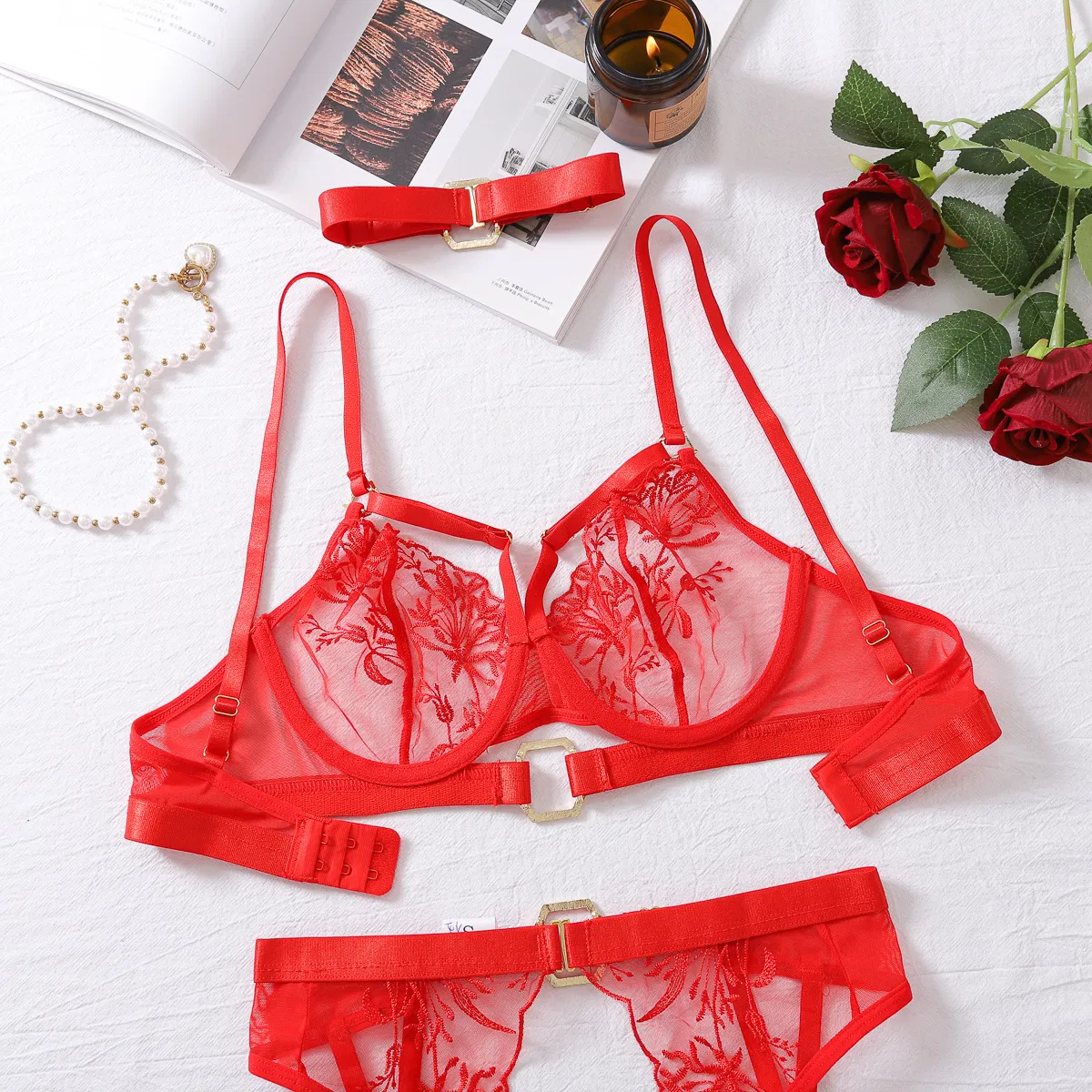 New Arrival See-Through Embroidered Garter Belt Bra Set Sexy Ultral-Thin Women's Lingerie