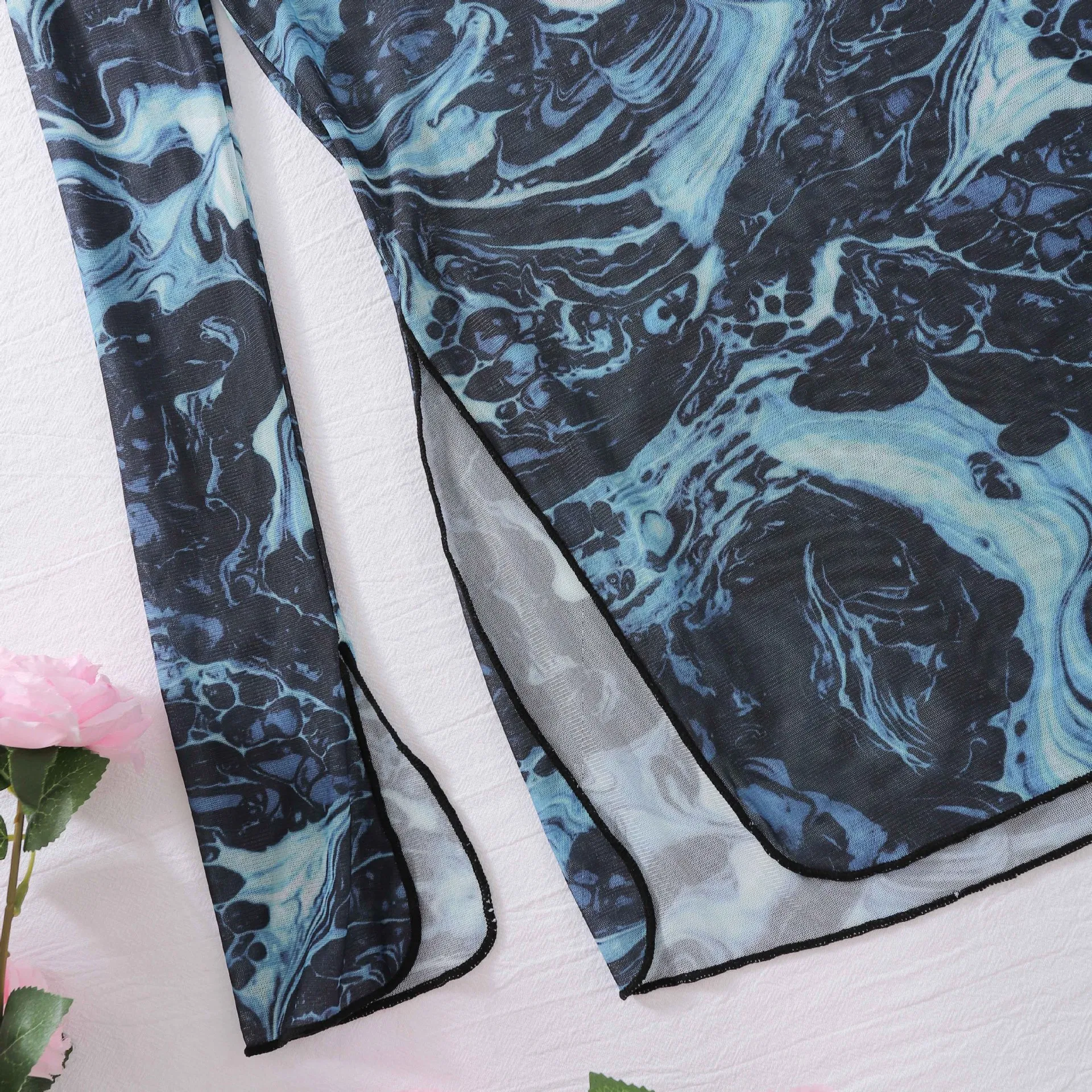 Sexy High Neck Long Sleeve Tie-Dye Mesh Underwear Set Wholesale Women's Dress Lingerie