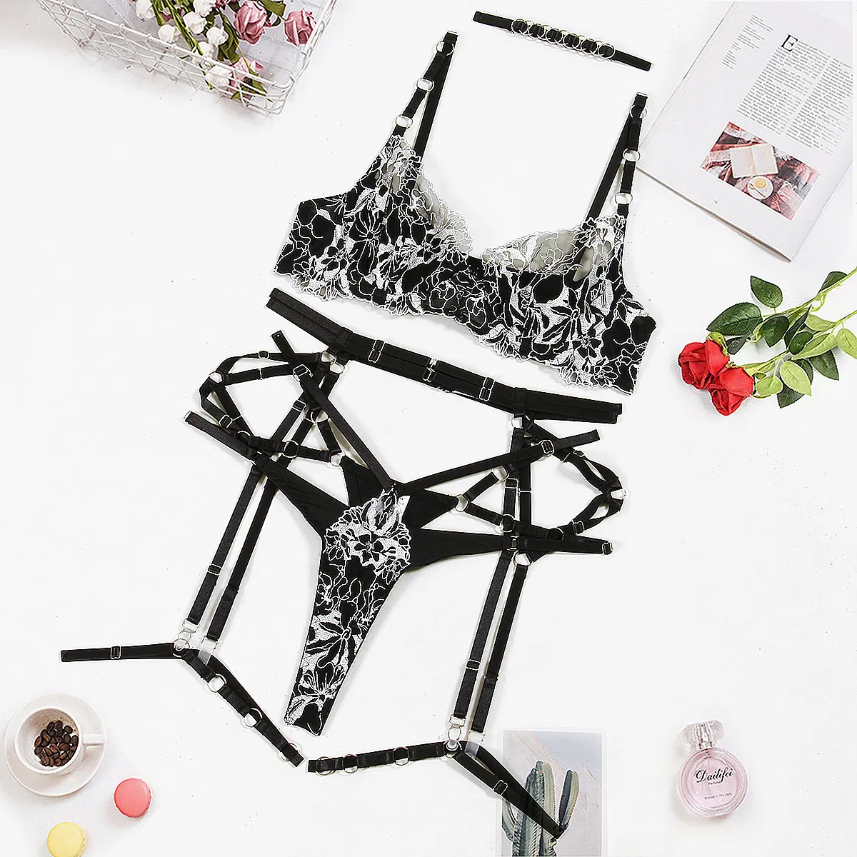 Sexy See-Through Woman Bra Set Sexy Flower Complex Embroidery Mesh Lingerie