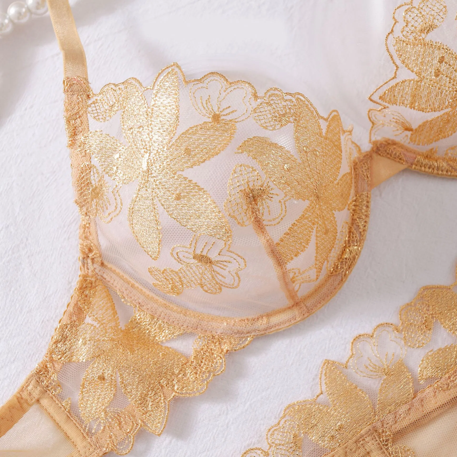 New Style Gold Flower Embroidery Bra Set Sexy See-Through Woman Lingerie