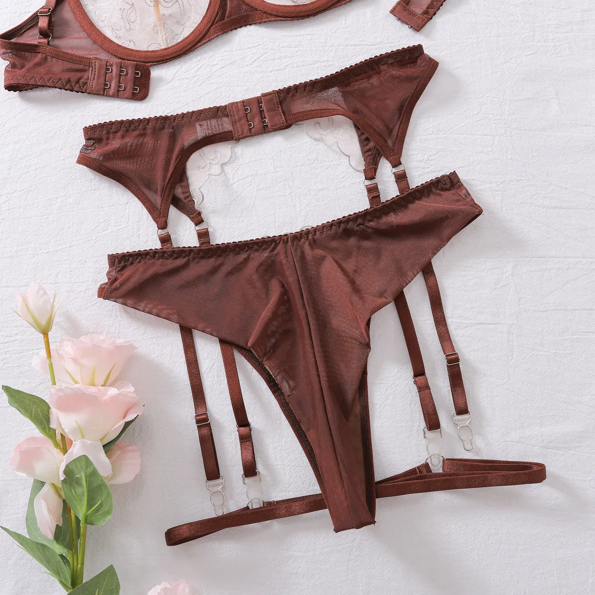 New Fashion See-Through Embroidery Bra Panty Set Sexy Contrasting Color Women Lingerie