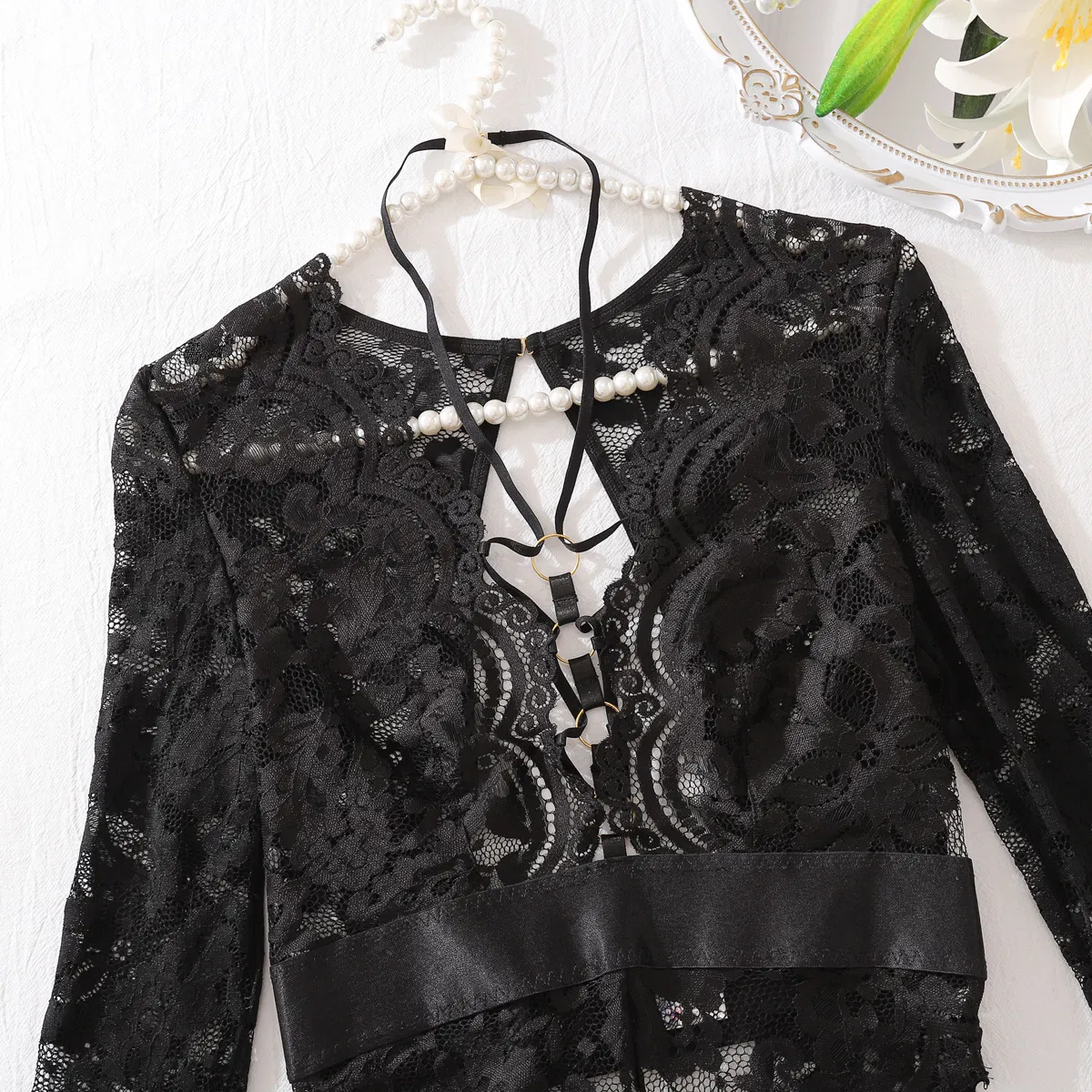 New Arrival Halter Neck Long Sleeve Lingerie Set Sexy See-Through Woman Bodysuit