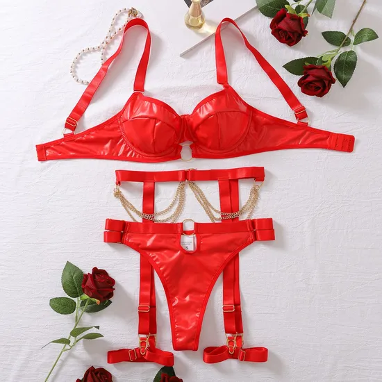 Hot PU Metal Chain Bra Panty Sets Wholesale Sexy Solid Color Woman Lingerie
