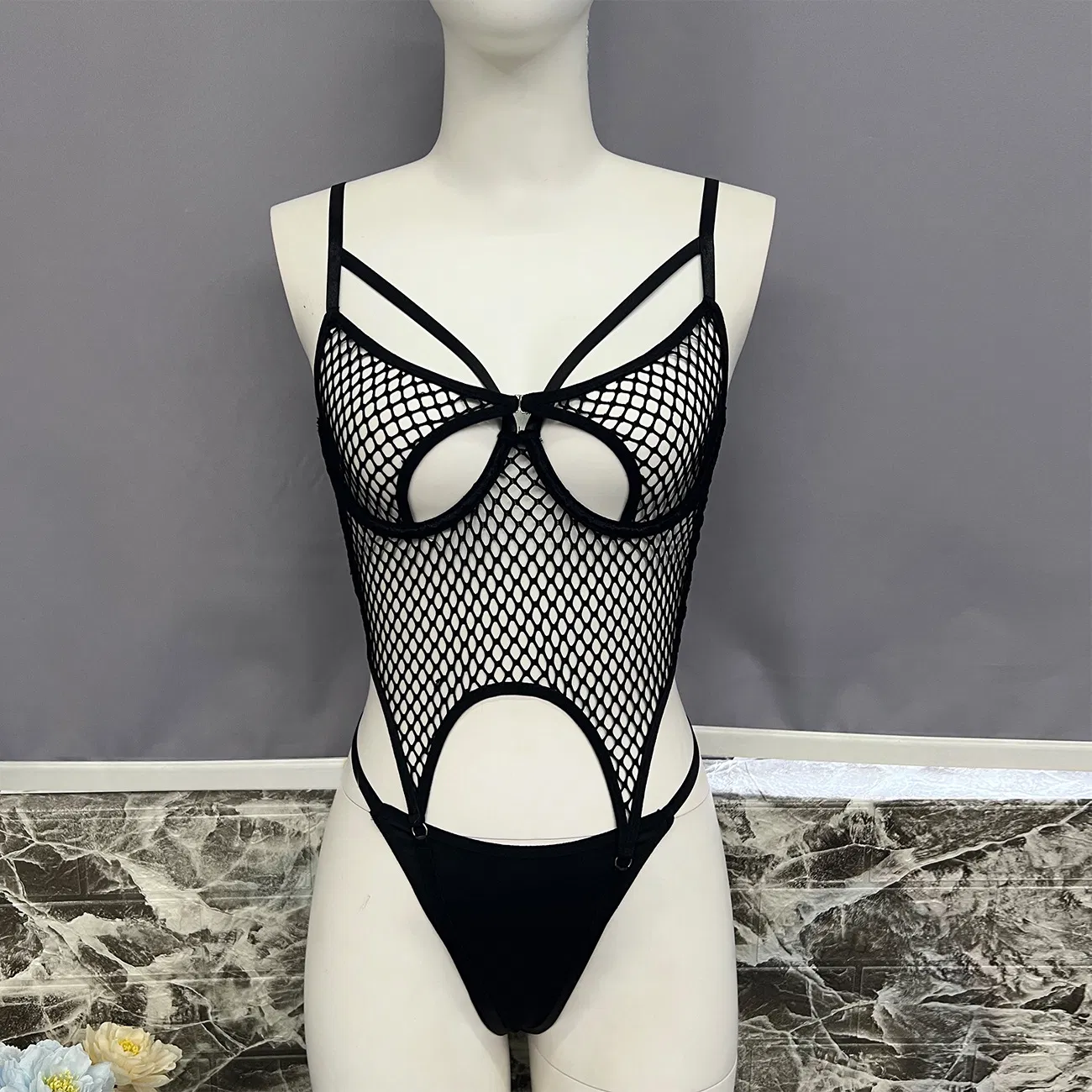 New Design See Through Fishing Net Lingerie Set Sexy One-Piece Hollow out Bodysuit