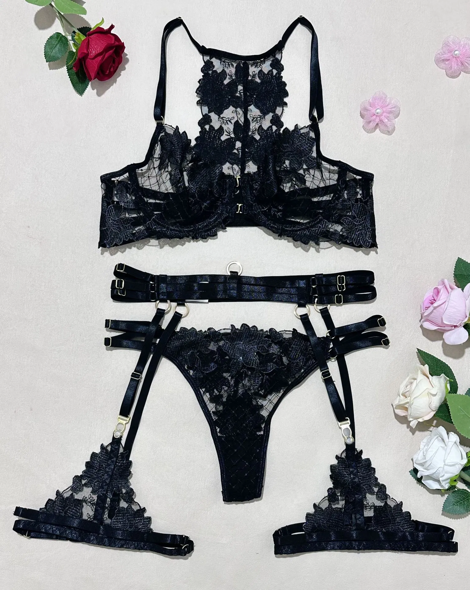 Sexy Luxury High Quality Transparent Bra Set Hot Embroidered Flower Women Lingerie