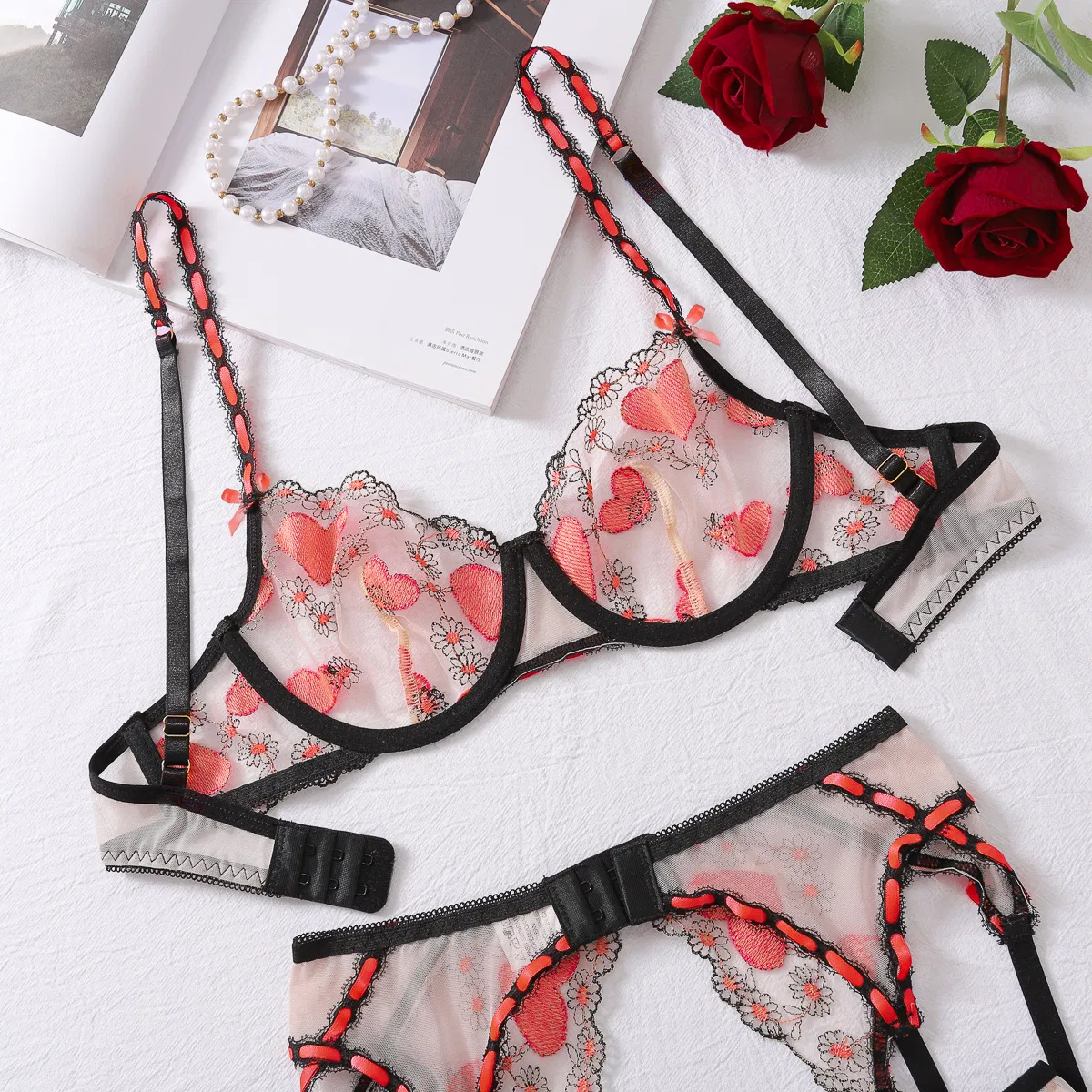 Wholesale See-Through Mesh Underwear Set Sexy Embroidery Pink Heart Lingerie