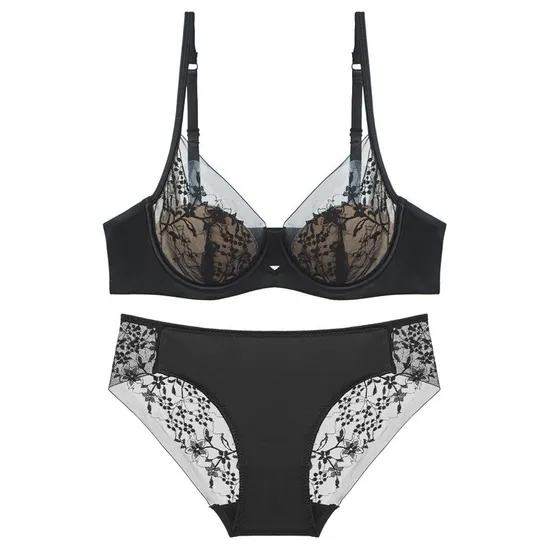 2025 Wholesale Hot Sell Woman Ultra-Thin Embroidery Lace Trim Sexy Breathable Soft Bra Set Underwear Sexy Lingerie