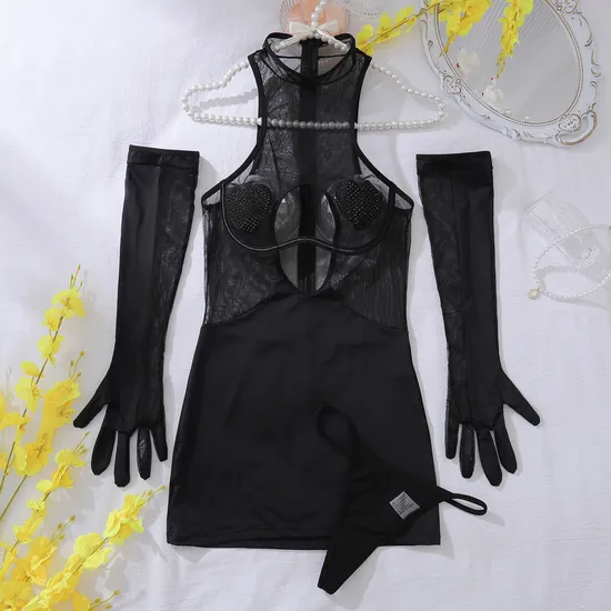 Wholesale Heart-Shape Beaded Underwear Set with Gloves Sexy Hollow out Woman Lingerie