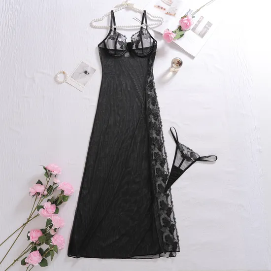 Sexy Embroidery See-Through Mesh Bra Panty Sets New Erotic Long Dress Woman Lingerie