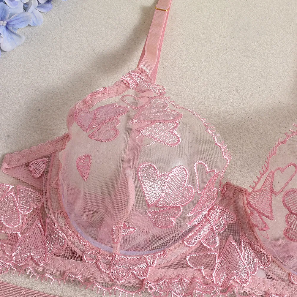 Wholesale Pink Heart Lace Embroidery Underwear Set for Woman Sexy See-Through Lingerie
