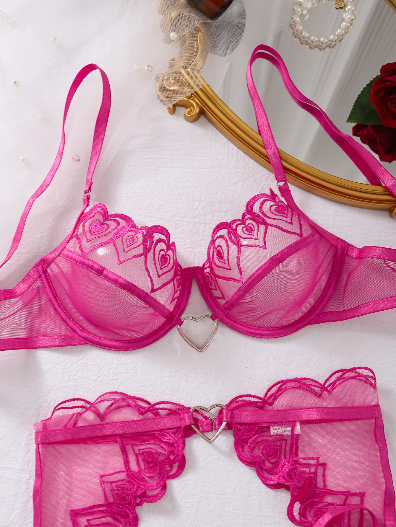 Wholesale Sheer Mesh Heart Embroidery Underwear Set Sexy Valentine's Women Lingerie