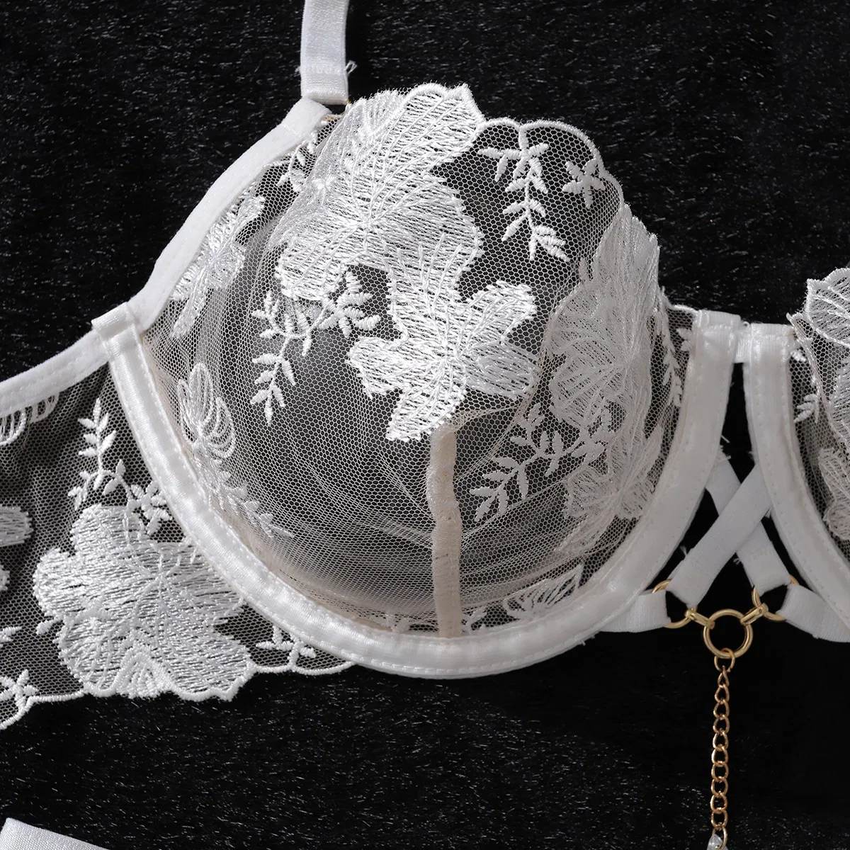 Wholesale Floral Embroidery Sheer Mesh Underwear Set Sexy Solid Color Women's Lingerie
