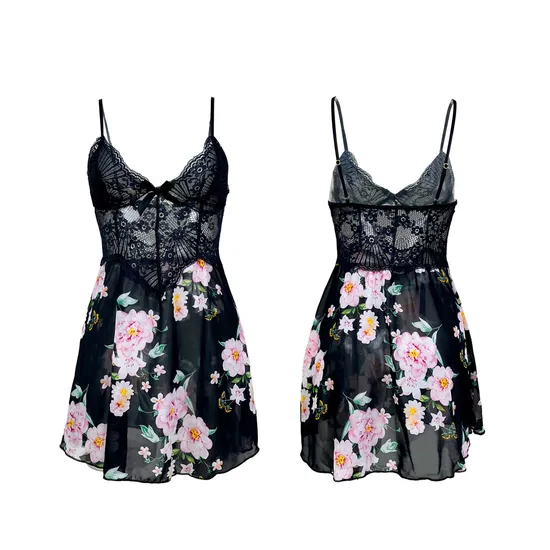 Sexy V-Neck Woman Sleepwear Dress Wholesale Flower Print Ultral-Thin Woman Nightwear