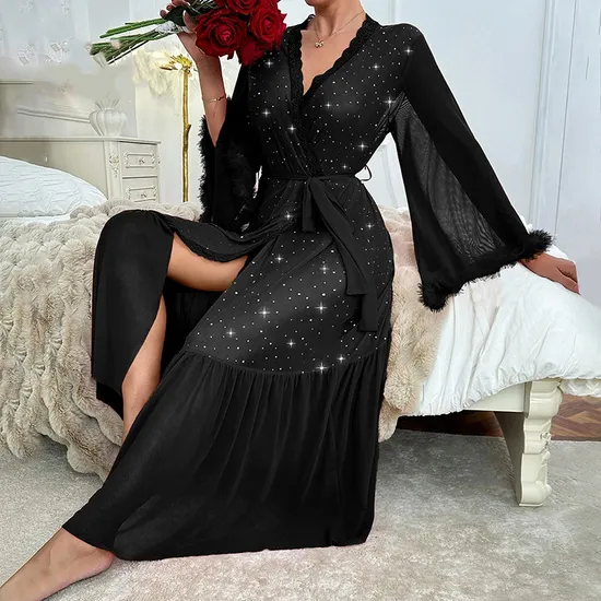 New Fashion V-Neck Long Sleeved Nightgown Sexy High Quality Solid Color Glitter Women's Robe