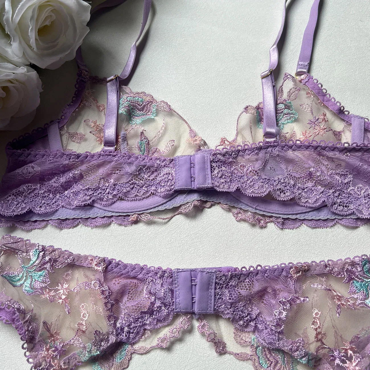 Sexy See-Through Embroidered Mesh Woman Bra Set Hot Erotic Hanging Sock Lingerie