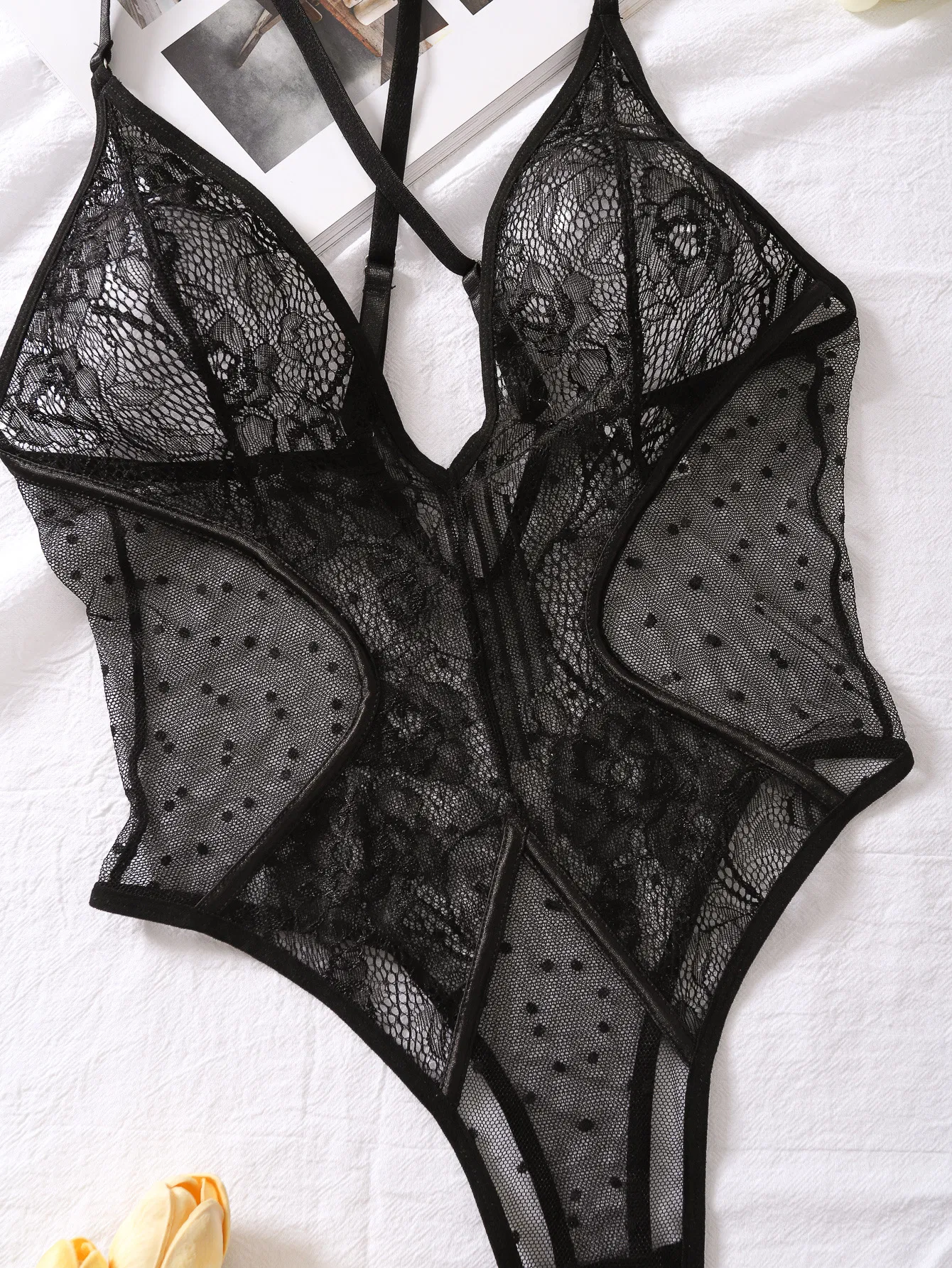 Sexy Deep-V Embroidery Lace Woman Lingerie Hot Selling Cross Strap See-Through Bodysuit