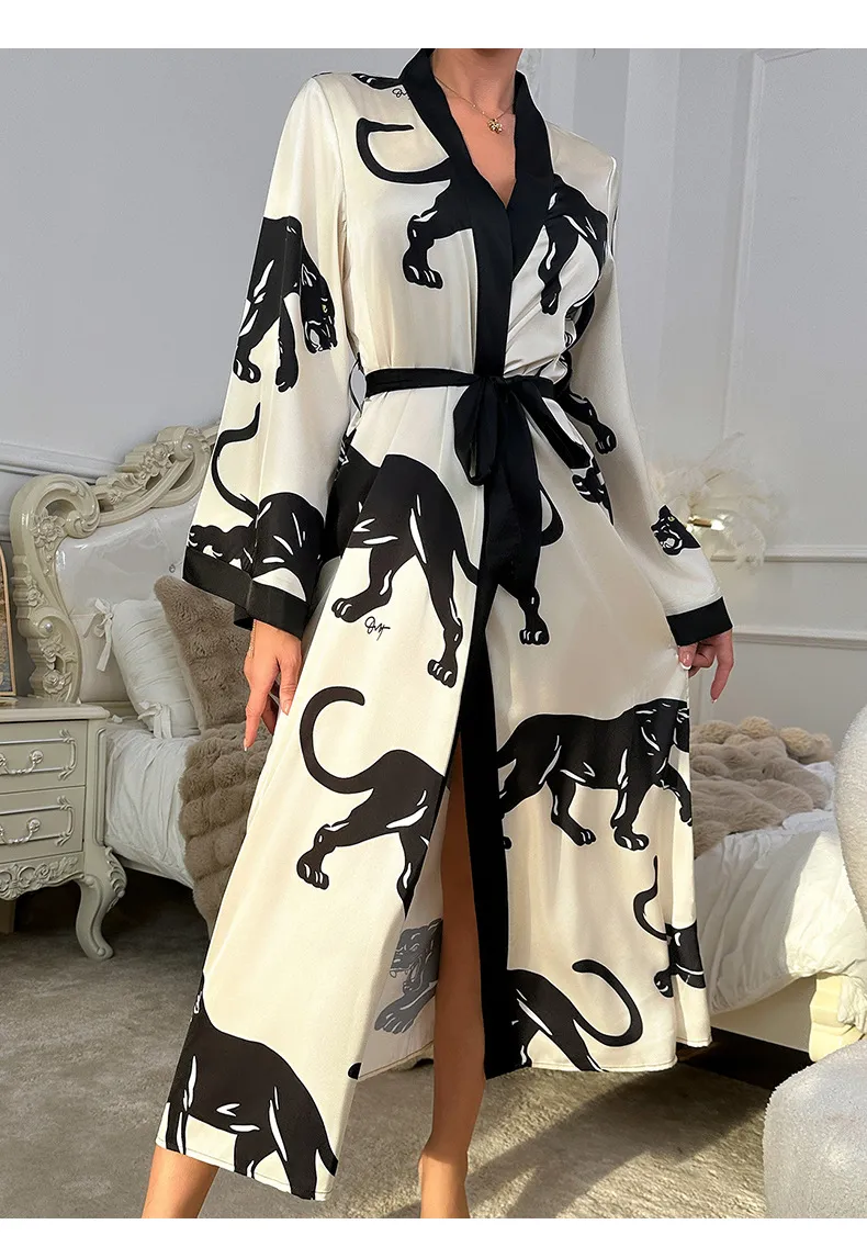 New Arrival Satin Printed Leopard V-Neck Sleepwear Sexy Long Sleeve Woman Robe