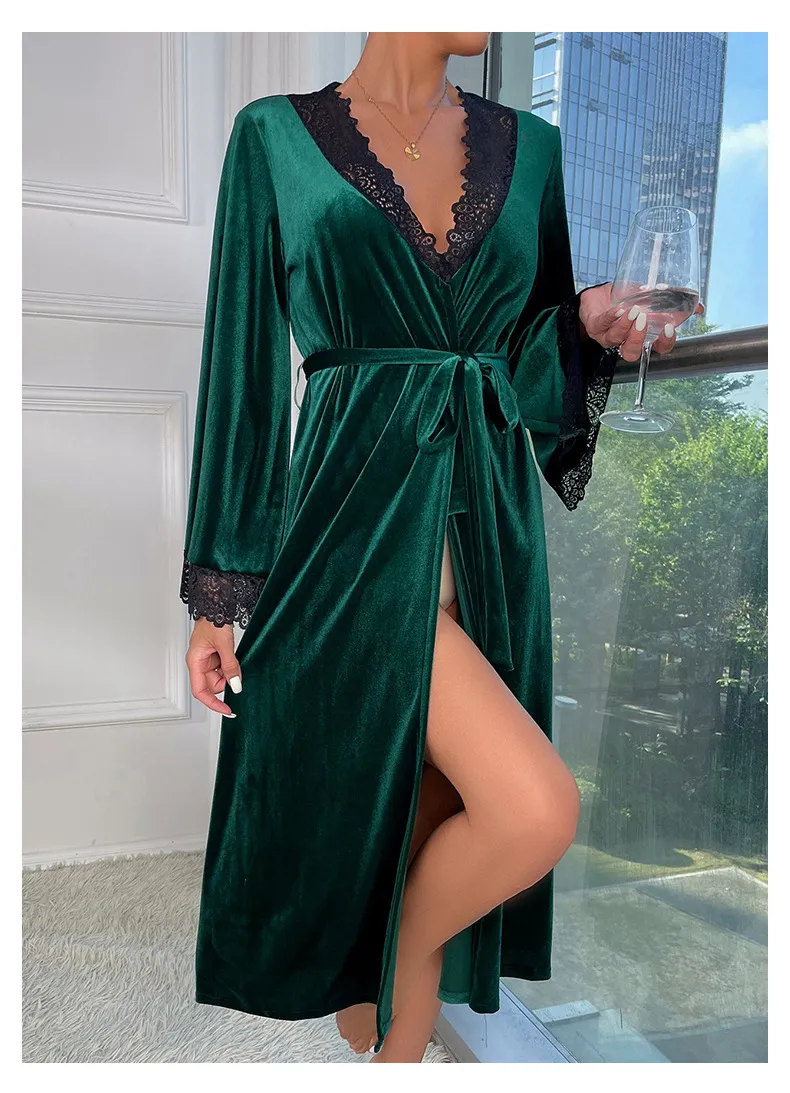 New V-Neck Long Velvet Nightwear Dress Sexy Solid Color with Lace Woman Sleepwear