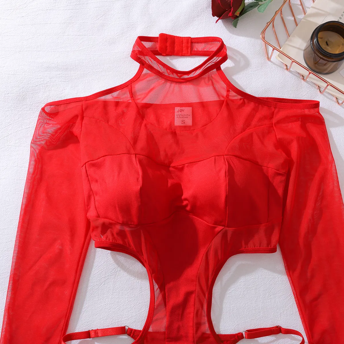 New Hollow out See-Through Woman Bodysuit Sexy Long Sleeve Hanging Neck Lingerie