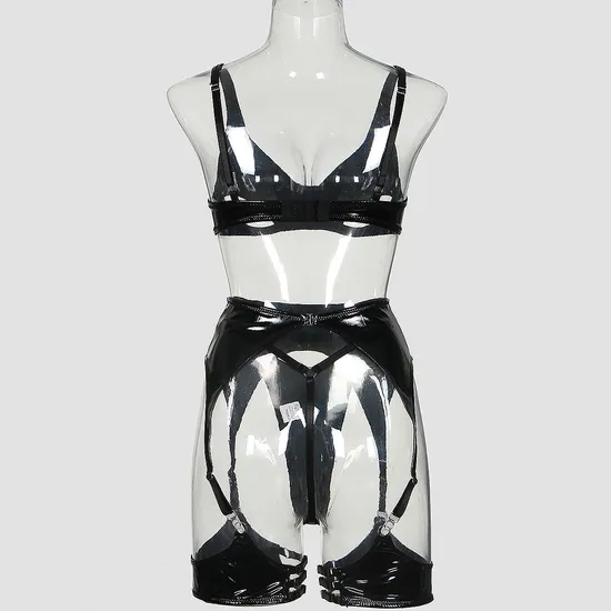 Sexy Exotic Hollow out PU Woman Bra with Belt Waist Hot Selling Solid Color Lingerie