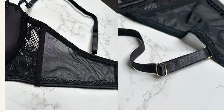 2025 New Wholesale French Anti-Sagging Breathable Lace Trim Gathering for Women Soft Bra Ultra-Thin Set Sexy Underwear Lingerie