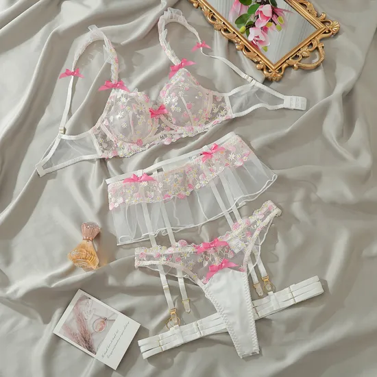 Wholesale See-Through Underwear Set for Woman Sexy Embroidery Lace Bow Tie Lingerie
