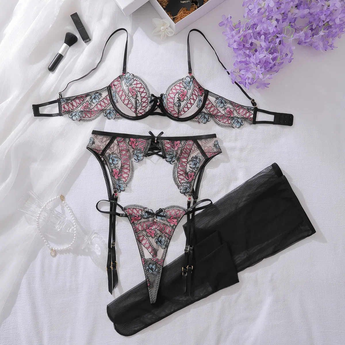 New See-Through Underwear Set with Stockings Wholesale Sexy Bowknot Floral Embroidery Lingerie