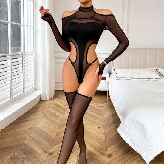 New Hollow out See-Through Woman Bodysuit Sexy Long Sleeve Hanging Neck Lingerie