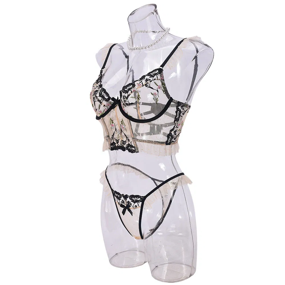 Wholesale Erotic Ruffle See-Through Mesh Underwear Set Sexy Fishbone 2 Piece Lingerie