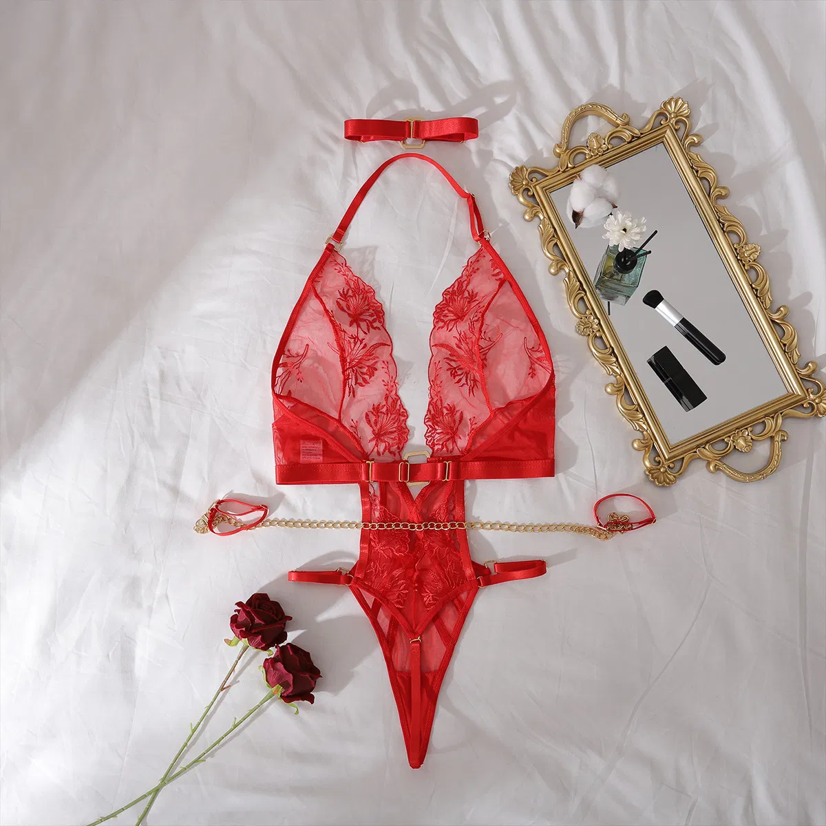 Hot Selling See Through Chain Neck Woman Lingerie Set Sexy Deep-V Chain Neck Bodysuit