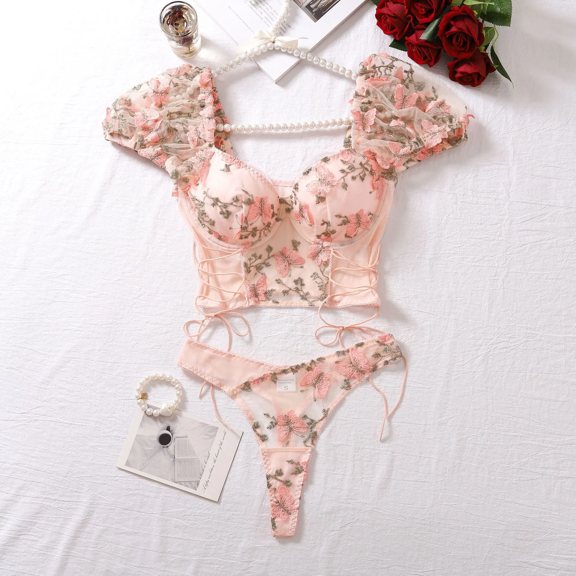 Sexy Perspective Floral Embroidery Bra Panty Sets Wholesale Bubble Sleeve Top Lingerie