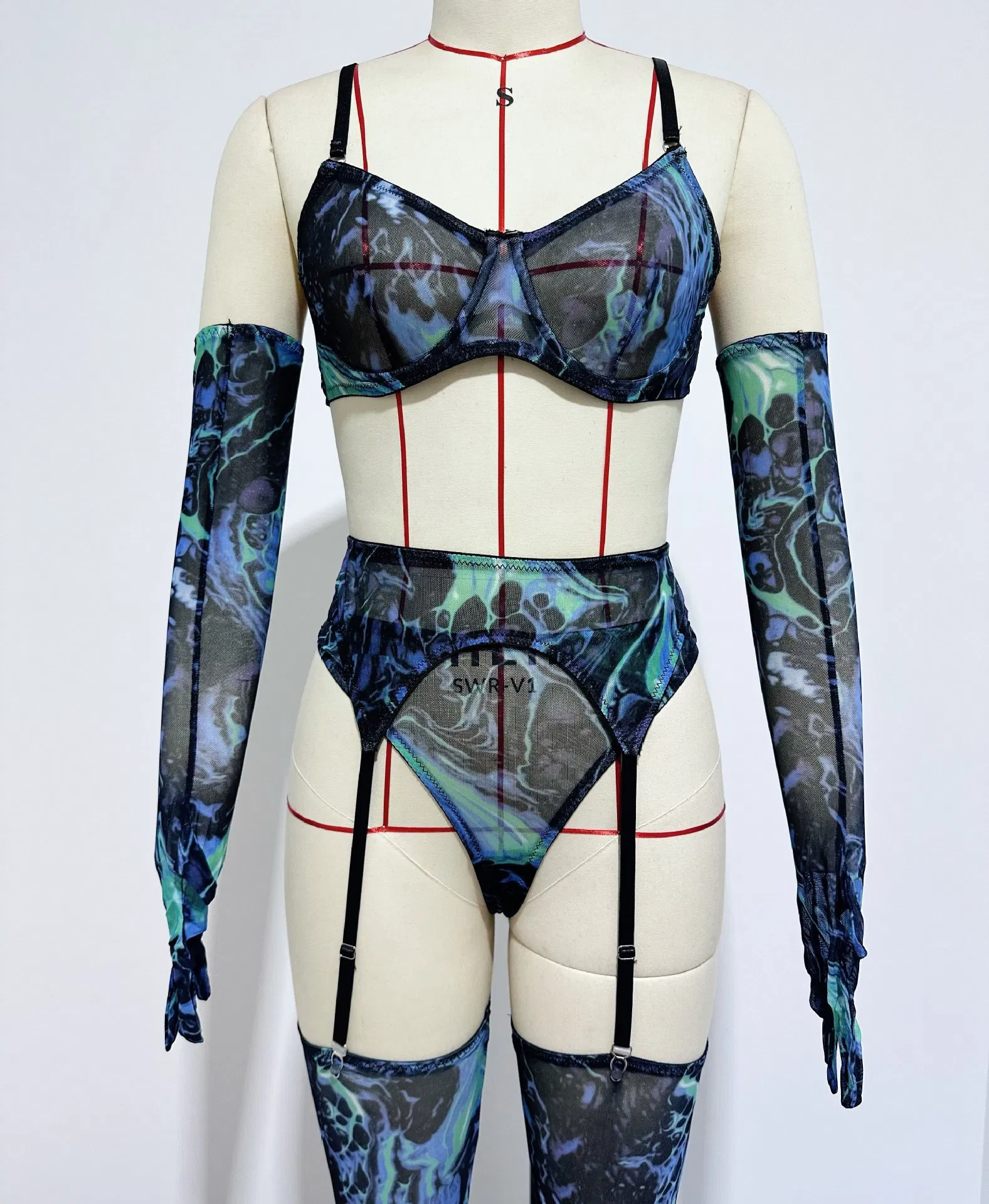 Wholesale Long Sleeve Underwear Set with Glove and Stocking Sexy Tie Dye Woman Lingerie
