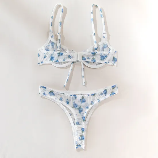 Wholesale Floral Print See Through Mesh Underwear Set New Luxury Ultra-Thin 2PCS Lingerie