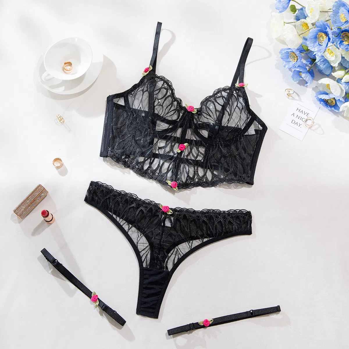New Arrival Fishbone See-Through Mesh Underwear Set Sexy Embroidery Flower Woman Lingerie