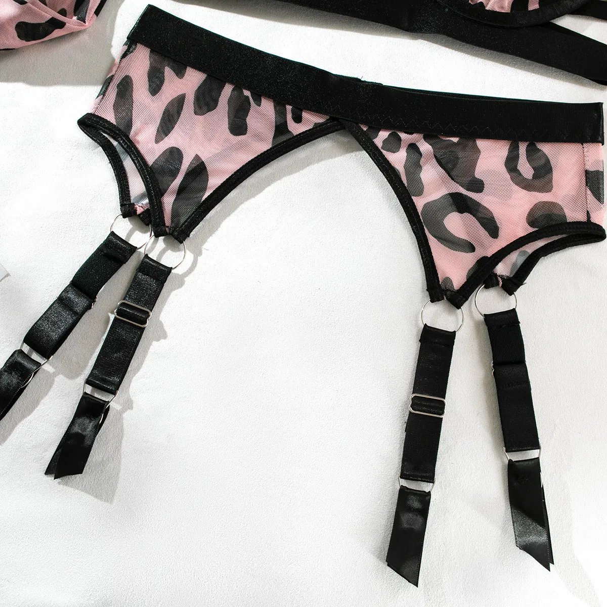 Sexy Leopard Print Mesh Hollow out Bra Set with Stocking New Style Women's Underwear Lingerie