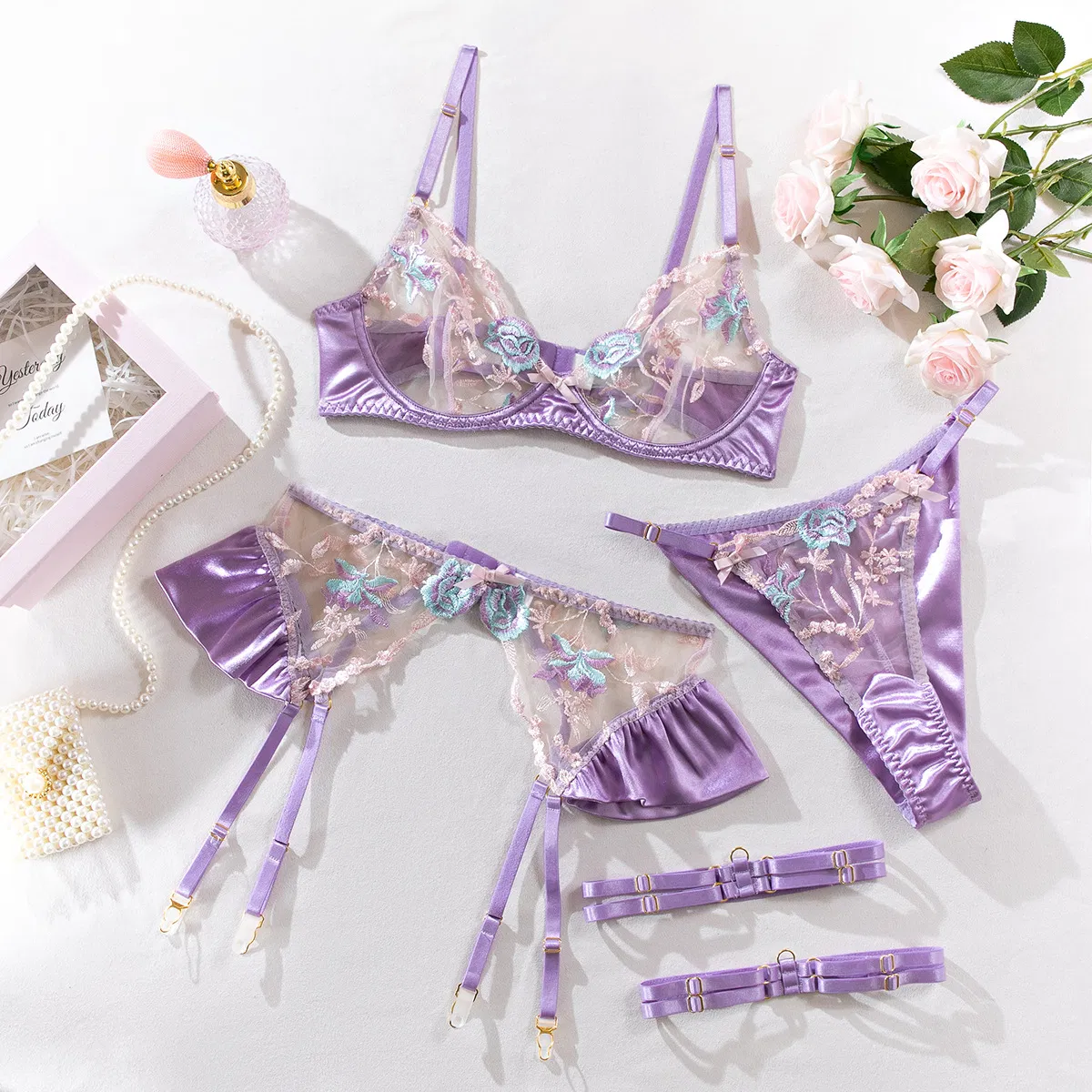 Wholesale Flower Embroidery Underwear Set for Woman Sexy Perspective Satin Lingerie