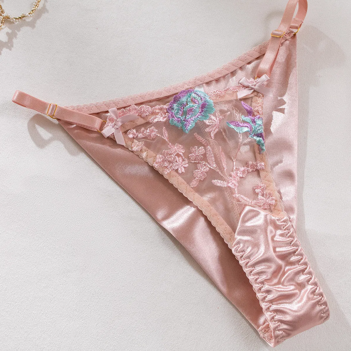 Wholesale Flower Embroidery Underwear Set for Woman Sexy Perspective Satin Lingerie