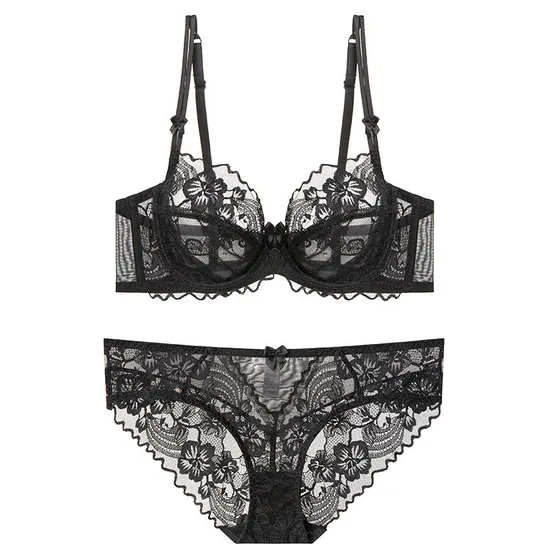 Wholesale Sexy Ultra-Thin Transparent Bra Lingerie Erotic Flowers Lace Women Underwear Set
