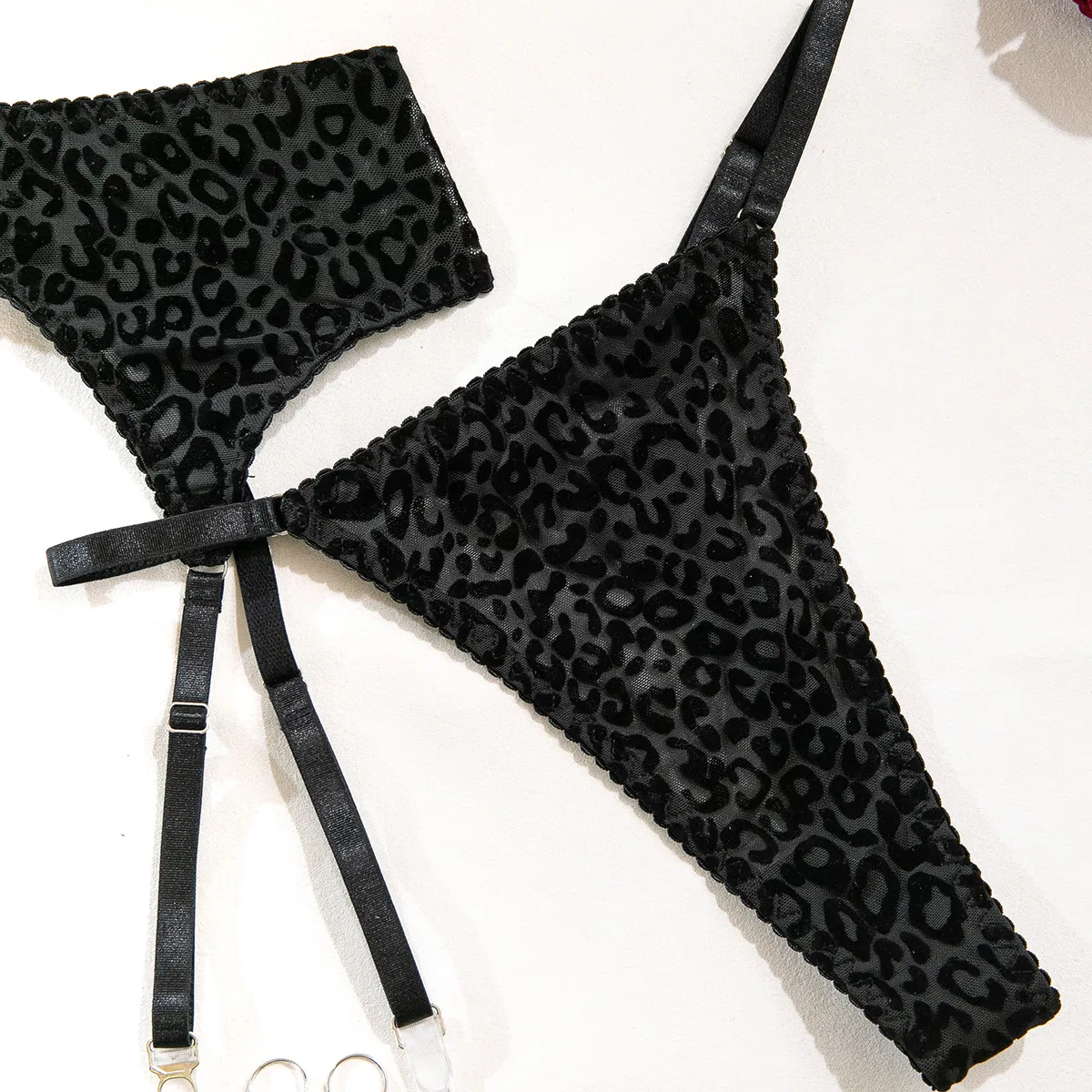 Wholesale Leopard Printed Underwear Set Sexy See-Through Mesh Women's Lingerie