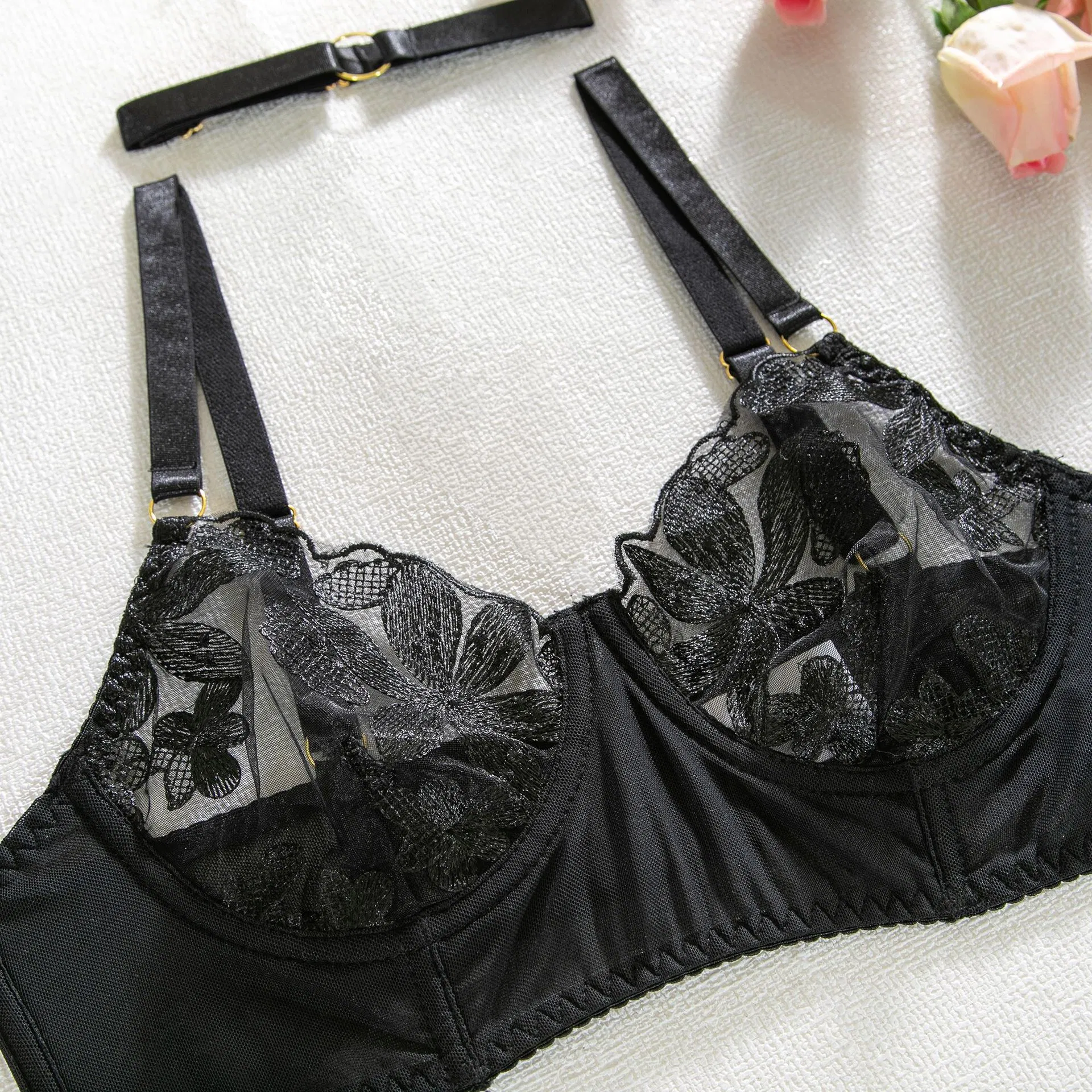 Wholesale Transparent Mesh Underwear Set Sexy Erotic Metal Chain Embroidery Lingerie