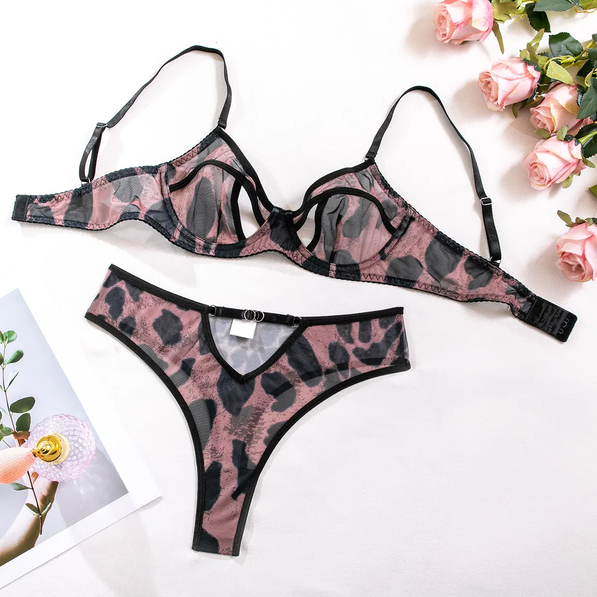 Wholesale Leopard Print Transparent Mesh Bra Set Sexy Thin Breathable Hollow out Woman Lingerie