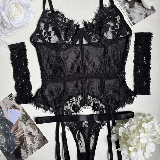 Sexy Transparent Eyelash Lace Underwear Set Wholesale Fishbone Shaping Lingerie